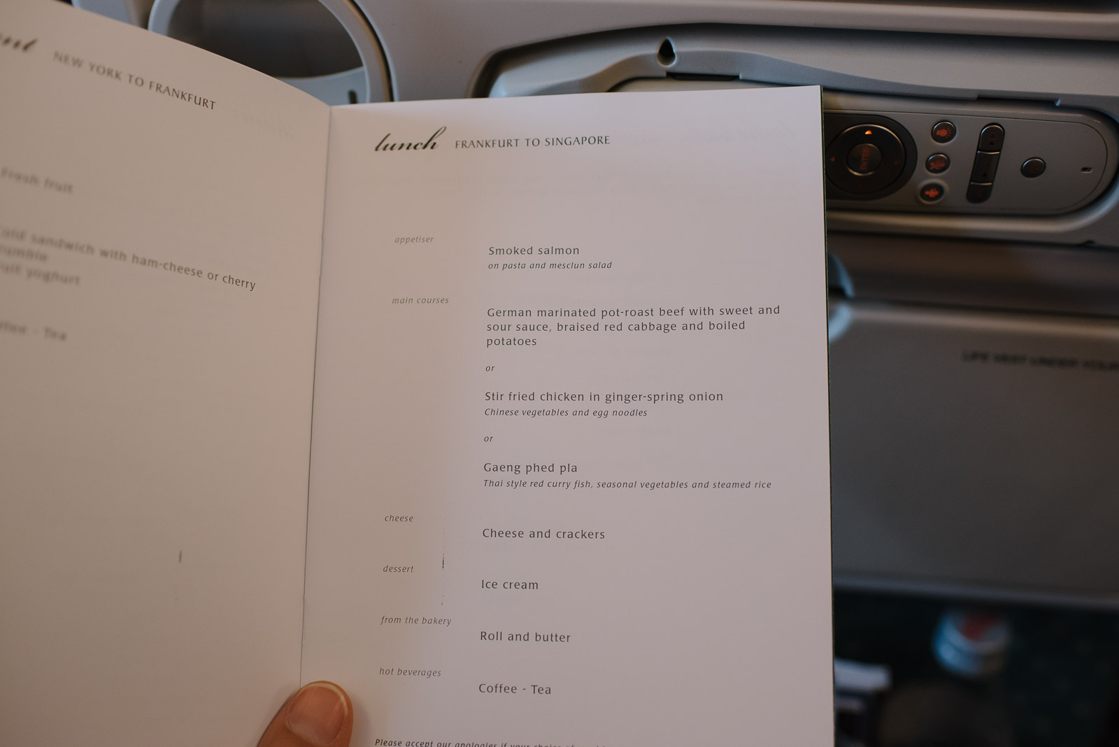 Menu Singapore Airlines Frankfurt nach SIngapur