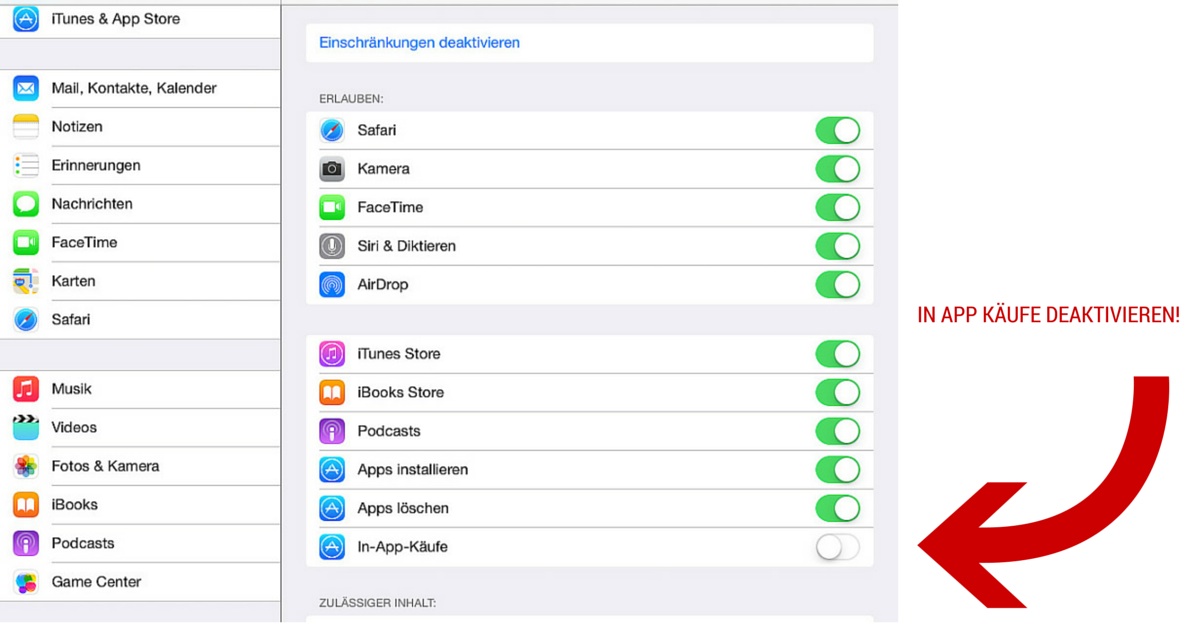 in app kaeufe deaktivieren ipad kindersicher machen